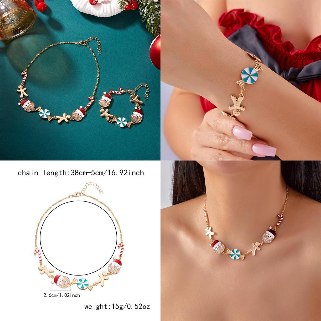 Christmas Jewelry Set With Rhinestone Santa And Gingerbread Pendant For Holiday Gifts