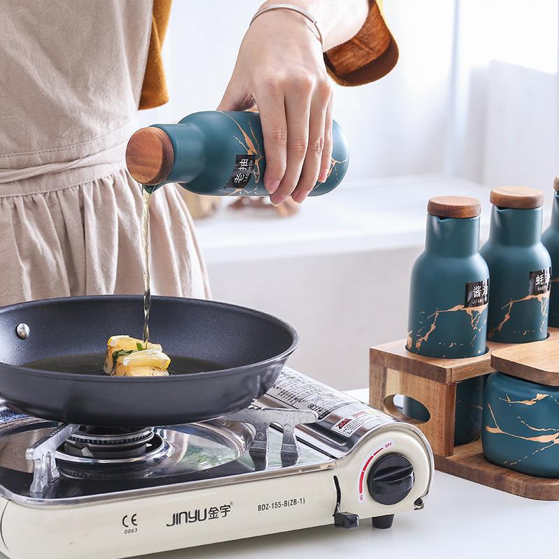 Kitchen Seasoning Box Set Oil Bottle Combination Creative Household Double Ceramic Seasoning Jar Salt Jar Seasoning Bottle