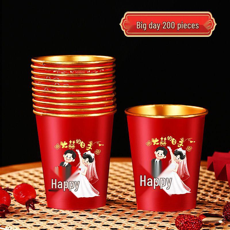 Luxurious Gold Thickened Disposable Wedding Cups - Elegant Red Tea Cups for Banquets & Household Use
