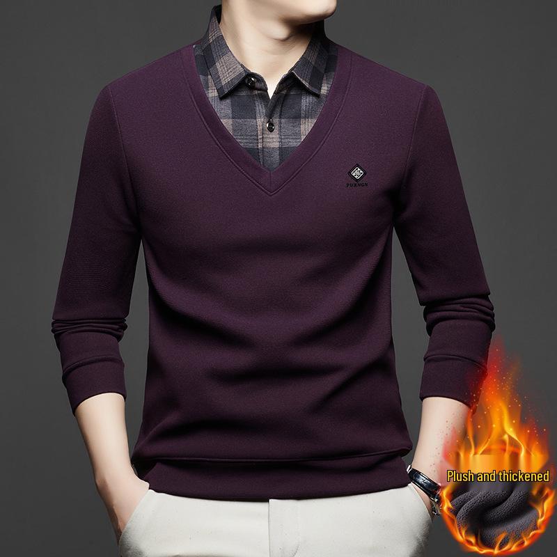 Plus Size Men's Thick Knit Sweater, Velvet Lined, Two-Piece Look, Middle-Aged Loose Fit