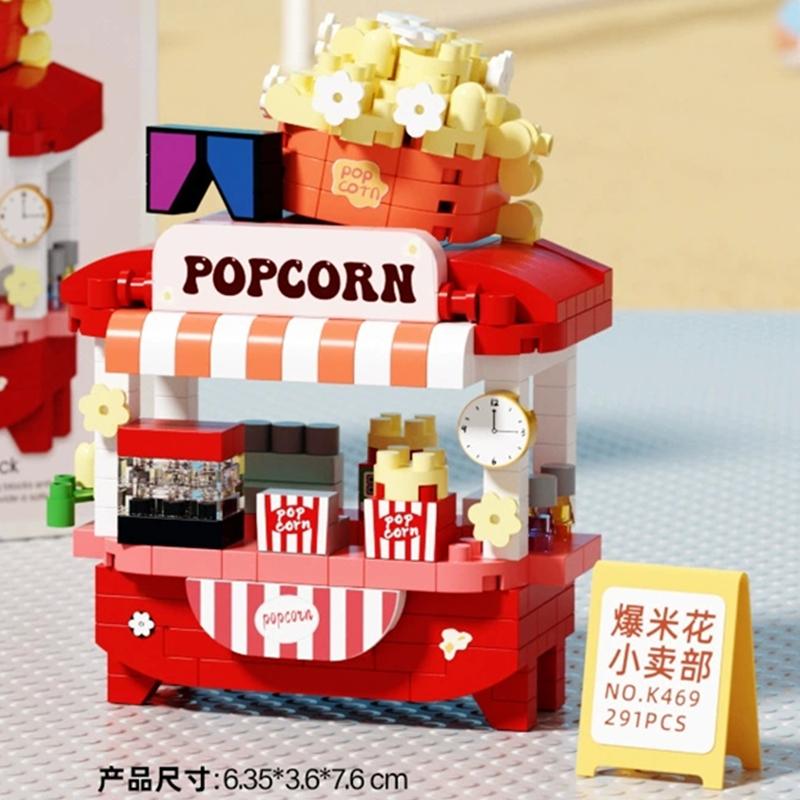 Diy Car Food Hot Dog Cart Truck Ice Cream Store Flower Hamburger Street View Building Blocks Kit Bricks Model Kids Toy Children