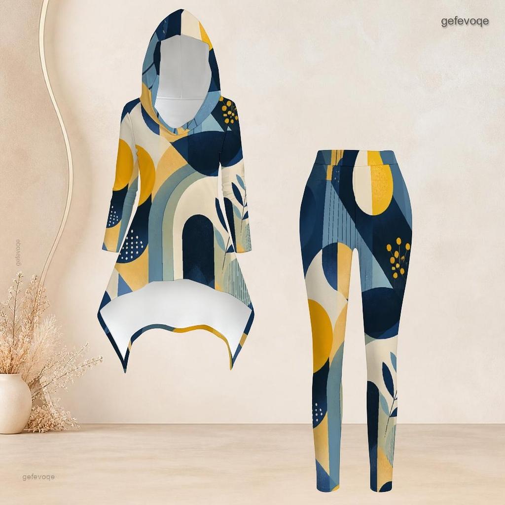 Women Plus Size Two Piece Set Hooded Long Sleeve Geometric Printed High Low Top Fitted Pants