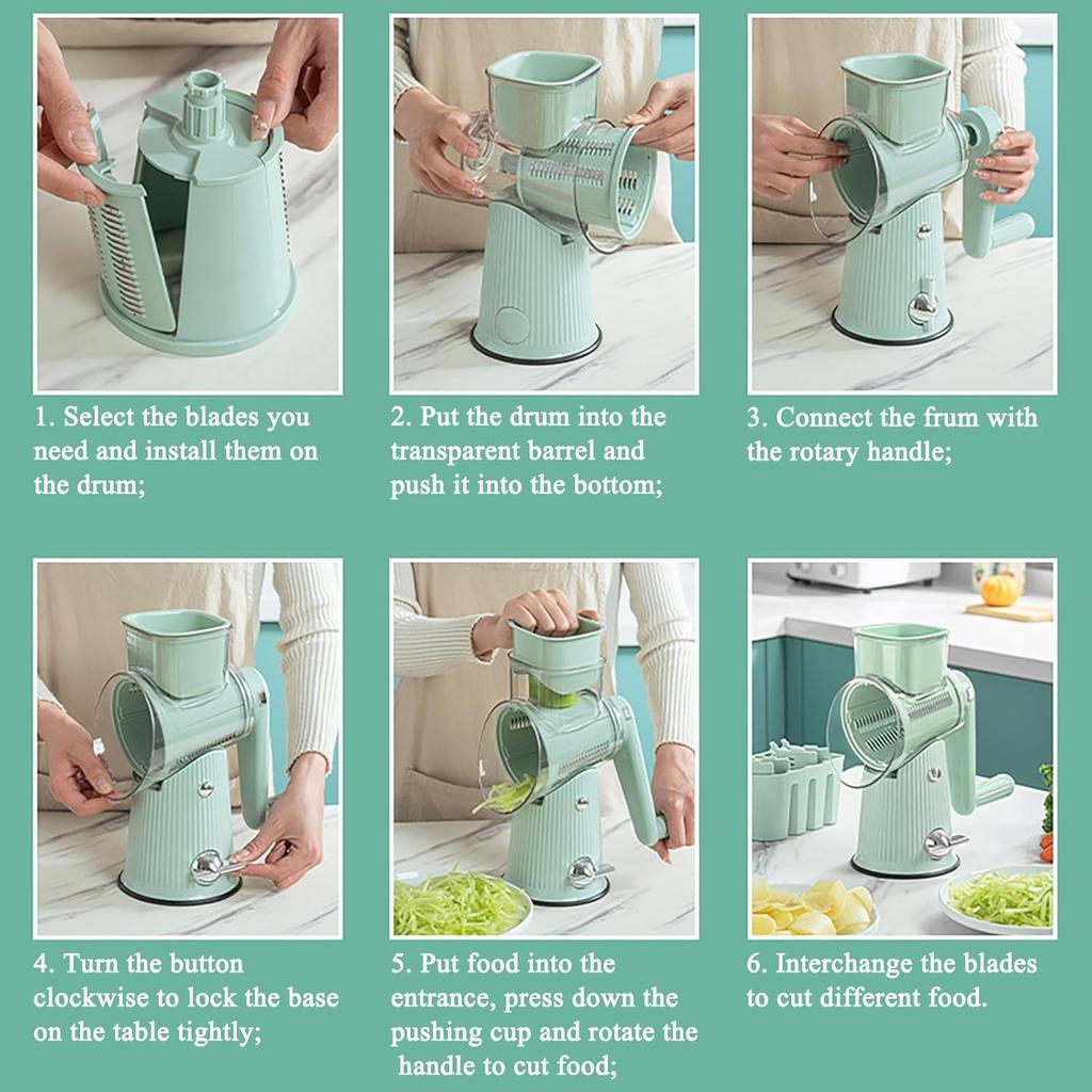 5-in-1 Rotary Cheese Grater Multifunctional Kitchen Mandoline Slicer with Handle & Strong Suction Base Replaceable Stainless Blades Cheese