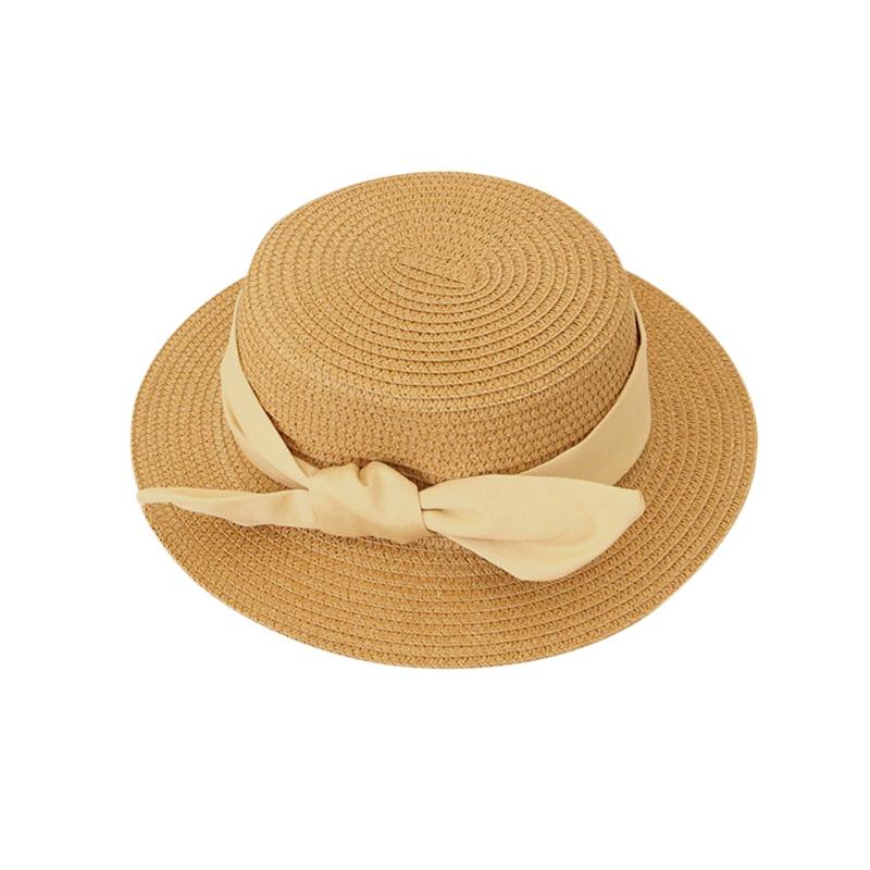

Детские соломенные шляпы от солнца с французским бантом, детские летние пляжные шляпы для девочек 50-52-54 см, детские шапки с плоским козырьком, защита от солнца Head circumference 54cm