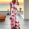 Women Plus Size V Neck Short Sleeve Maxi Dress Soft Tie Dye Print Loose Summer Beach Long Dress