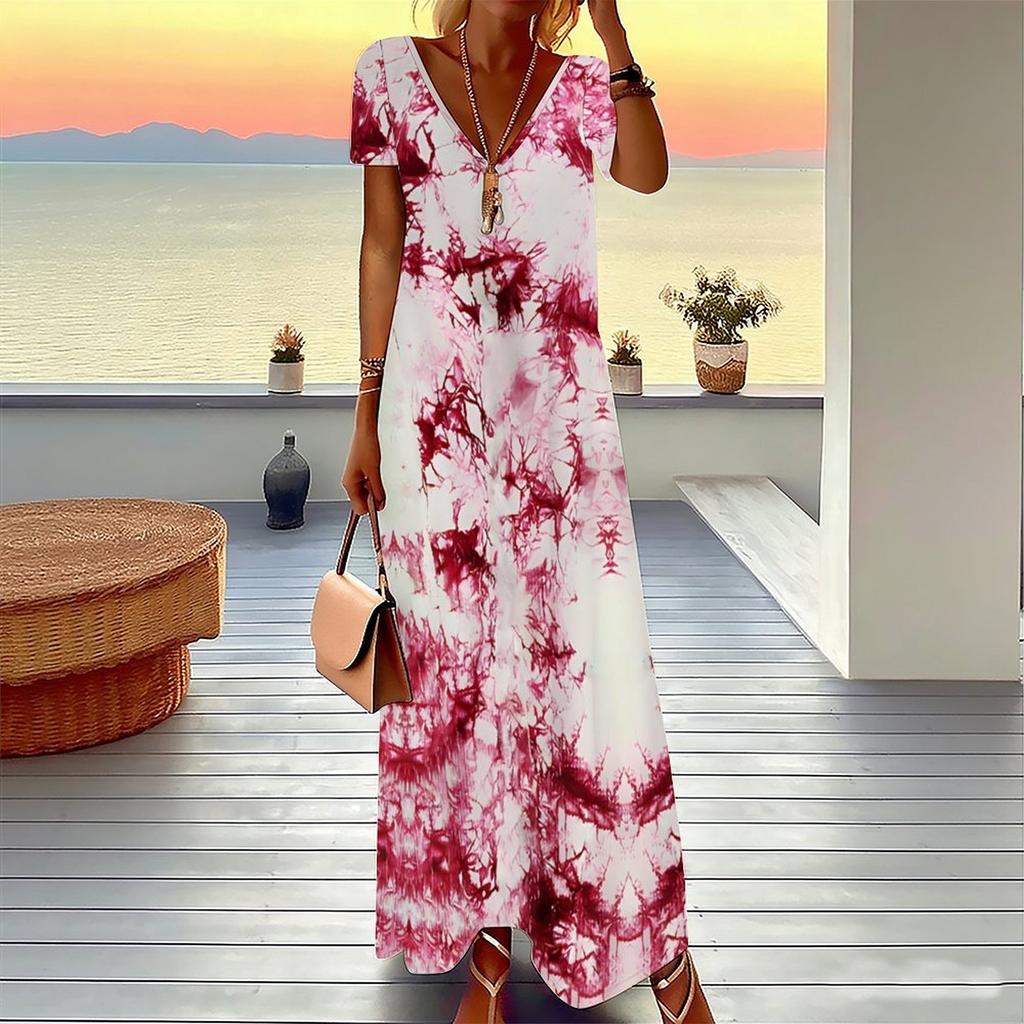 Women Plus Size V Neck Short Sleeve Maxi Dress Soft Tie Dye Print Loose Summer Beach Long Dress