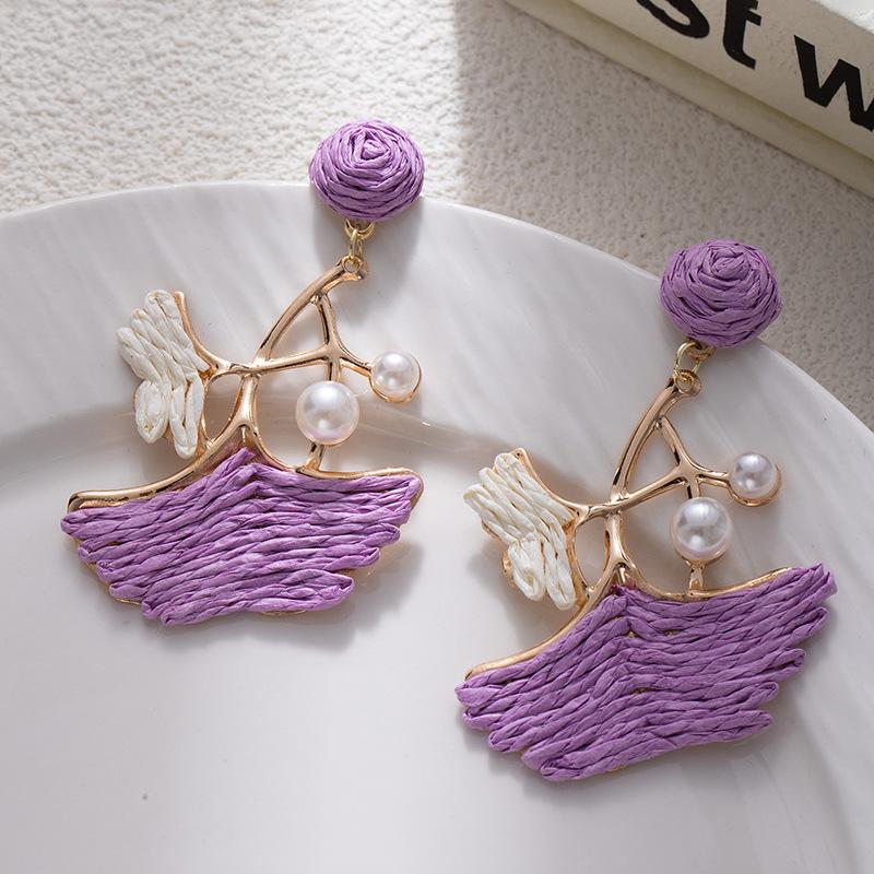 Dopamine Colored Leaves Hand-Woven Raffia Earrings Women'S Vacation Wind Sweet Temperament Unique Earrings Earrings