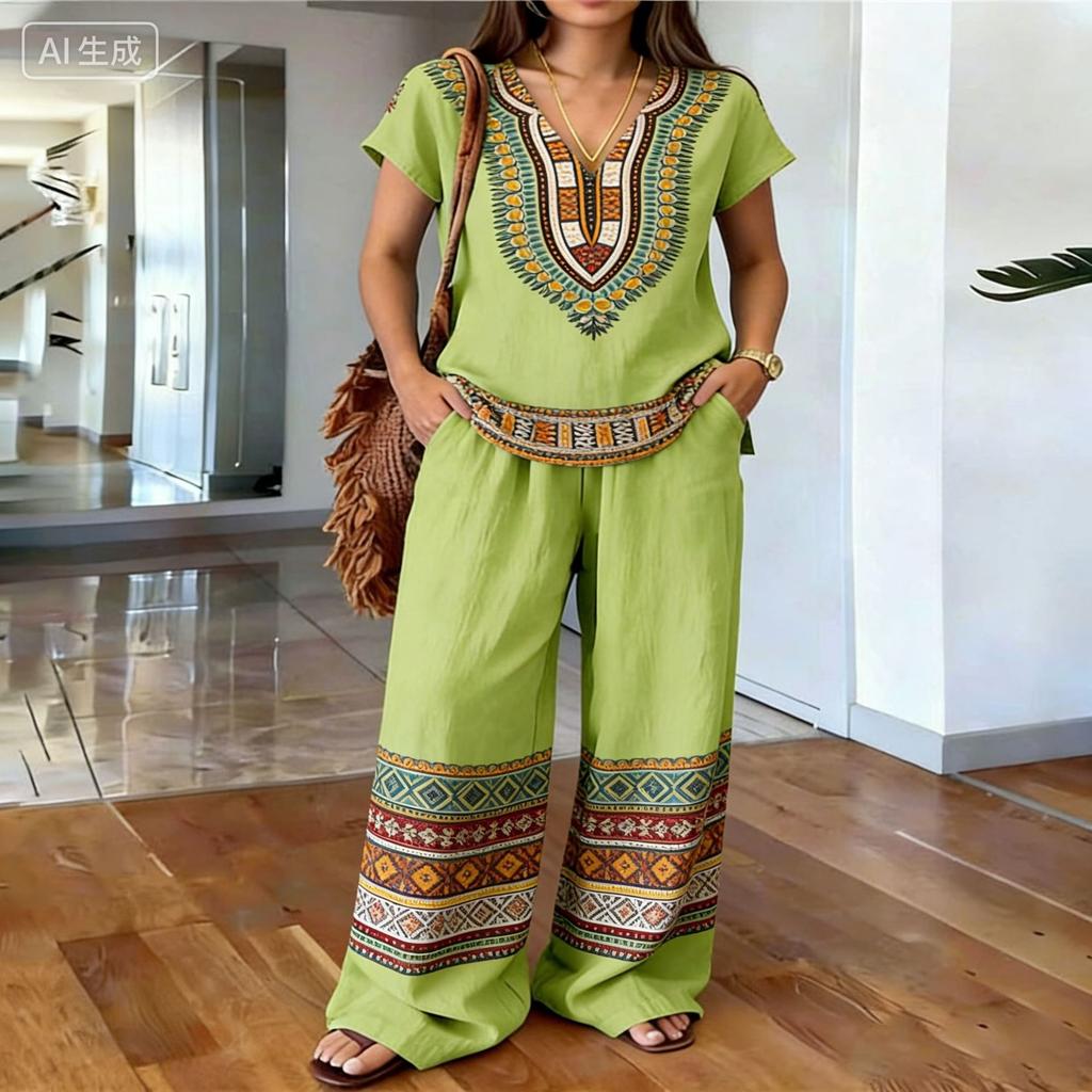 1116 Summer Vintage Print Set Elegant V-Neck Cut, Loose Wide Leg Pants Atmosphere Vacation Two-piece Set Women
