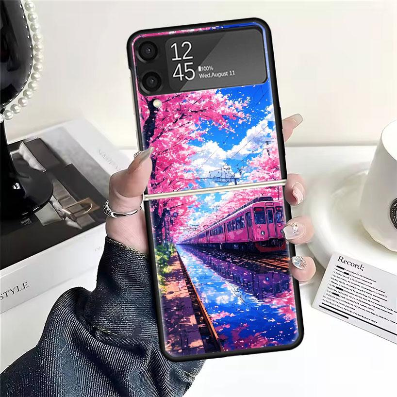 Retro Japanese Sakura Train Cases For Samsung Galaxy Z Flip 4 5 6 7 3 Z Flip7 Flip6 Flip4 Flip5 Flip3 5G Hard Shockproof Fundas