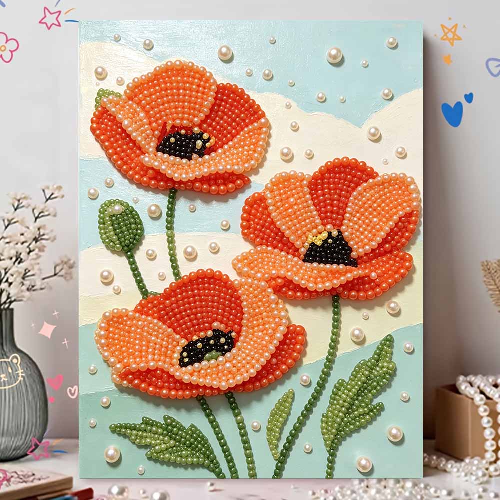 Elegant Framed Pearl Art DIY Set with Vibrant Poppy Flower 5D Sparkling Bead Canvas Painting Ready to Display Romantic Home Decor Gift