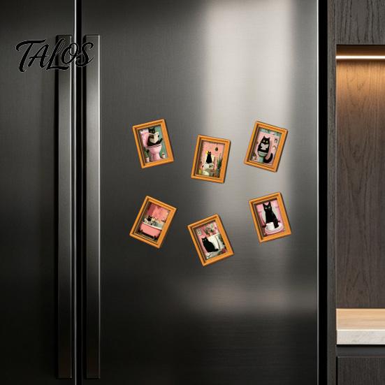 Small Picture Frames for Fridge Funny Wooden Magnets Frame, Retro Cute Cat Pattern Magnetic Refrigerator Style Interior Decoration Locker Magnet Photo