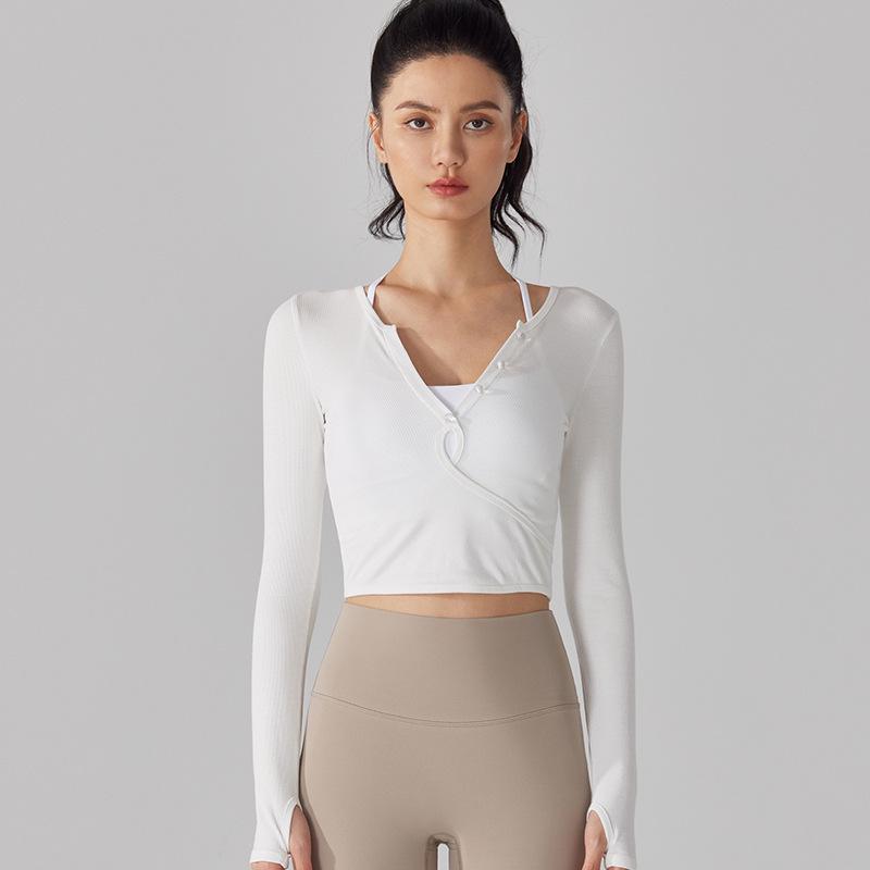 

Autumn Winter Sports Yoga Long-Sleeve Quick-Dry V-Neck Fitness Top Large білий