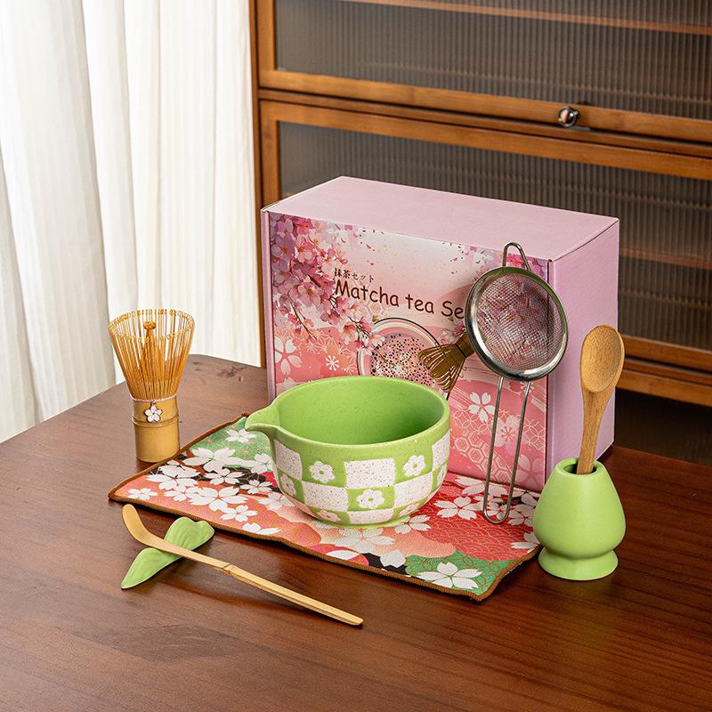 

Pink Matcha Set, 8 Pcs Matcha Kit, Cherry Blossom + Plaid Pattern Matcha Bowl Set Matcha Starter Kit for Matcha Lovers