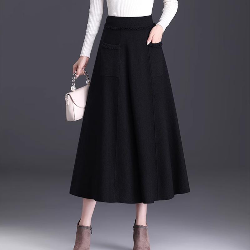 

Вязаная шерстяная миди-юбка А-силуэта - Плотная, плиссированная и стройнящая для осени/зимы One Size 80-150 kg