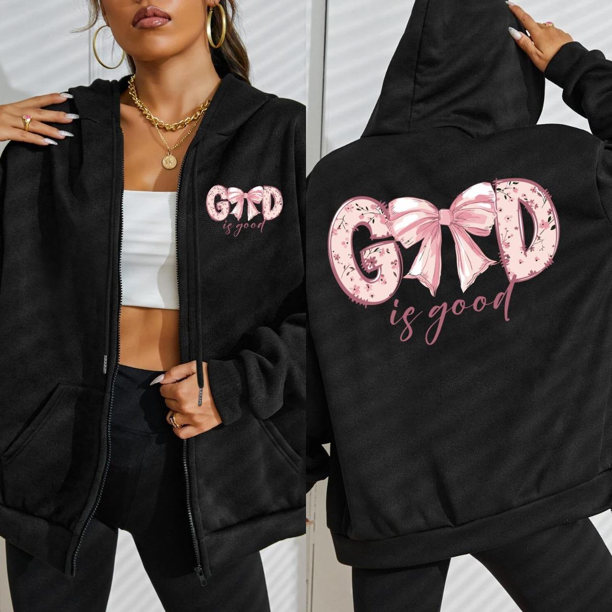 

Бог Благ Розовый Красивый Цветок Бант Принт Толстовка на Молнии Женская Повседневная Свободная Худи Уличный Флис Уличная Одежда S