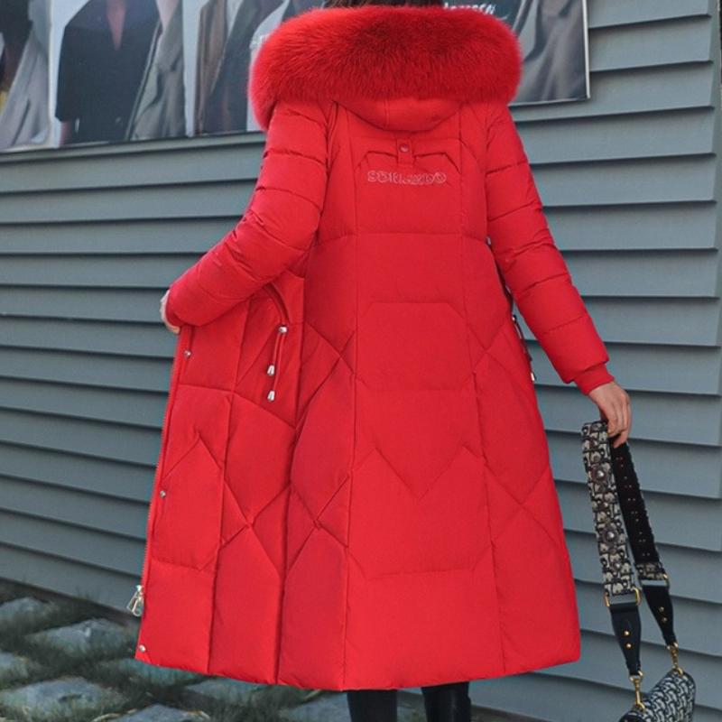BITCED Winter Fashion Plus Size Cotton Coat for Women Long Waist-cinched Knee-length Thickened Coat with Large Fur Collar