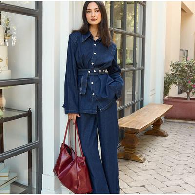Casual Denim Pants Sets Women 2 Pieces Set Lapel Full Sleeve Jackets with Belt Straight Pant 2025 Spring New Solid Color Street Lady Outfits