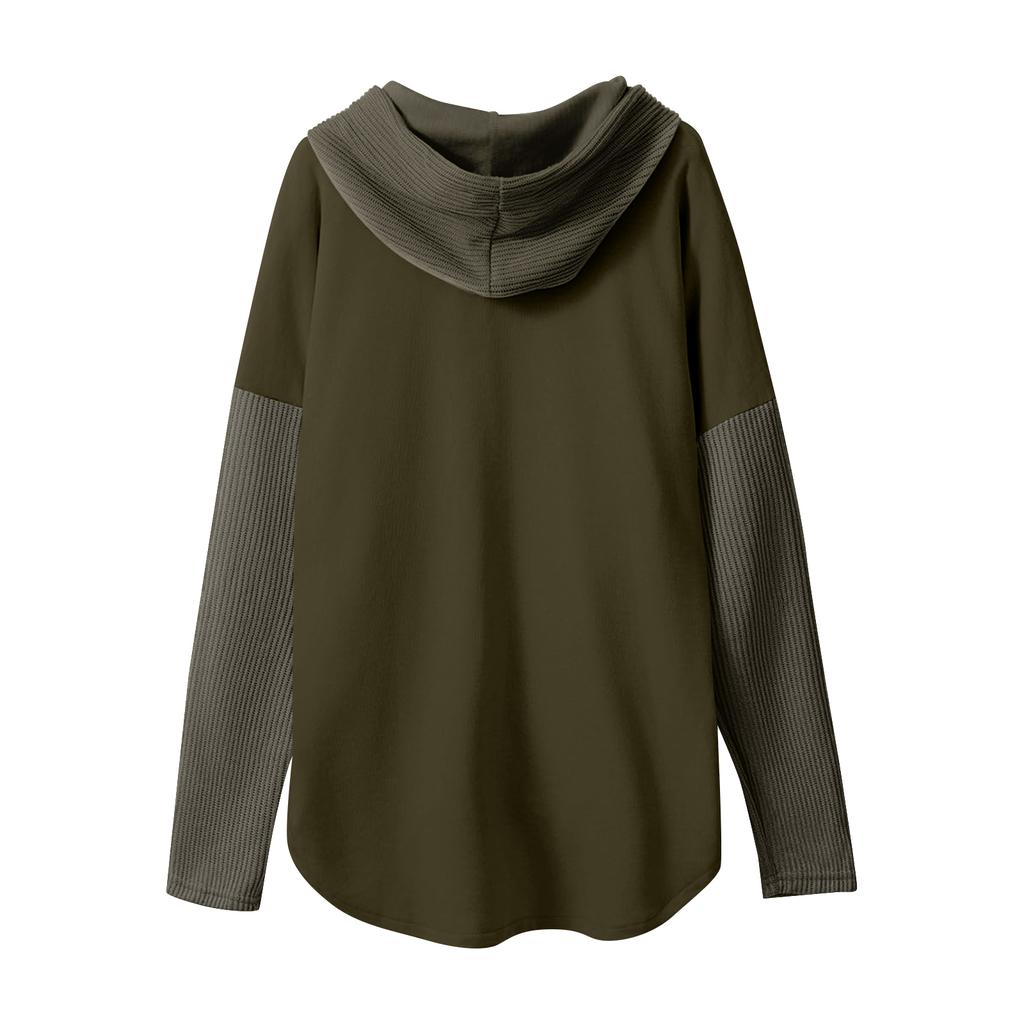 Women's Oversized Casual Long-Sleeve Button-Up Hoodie Knit Patchwork Hoodie With Pockets