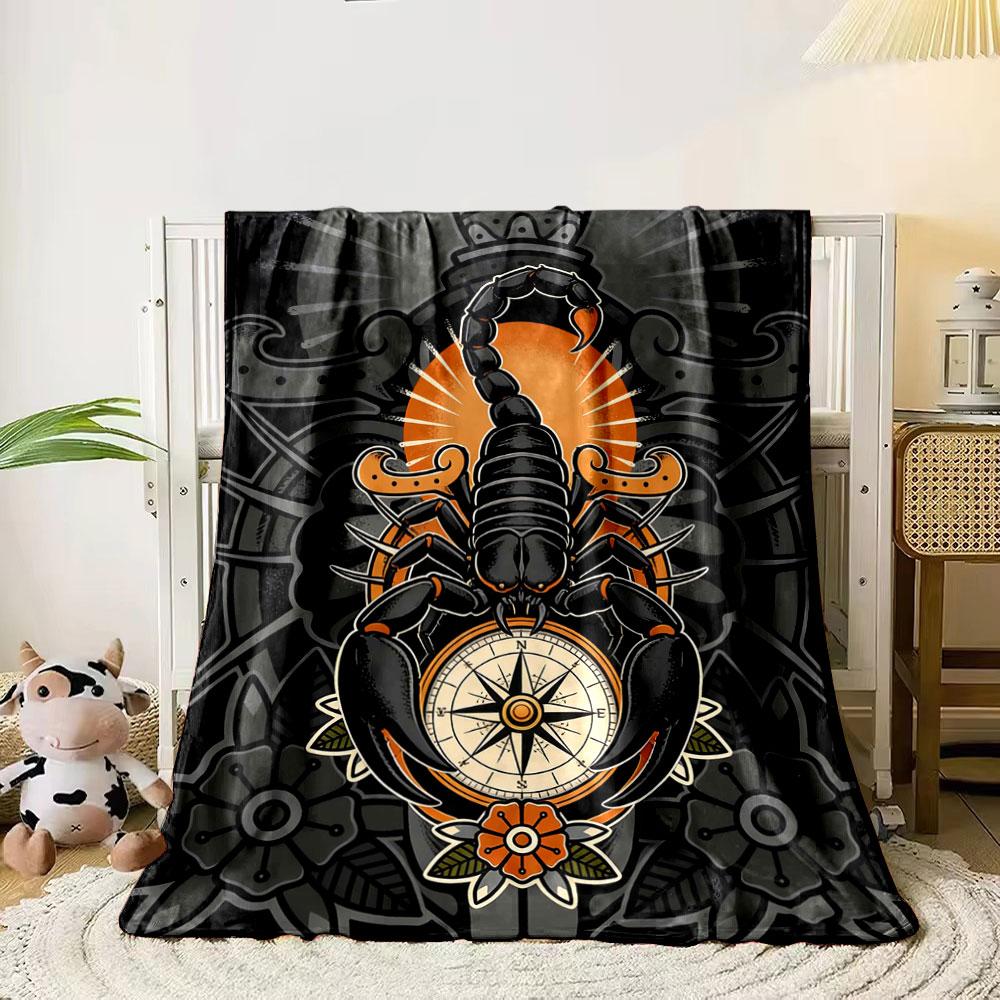 

A scorpion holding a compass, surrounded by floral and geometric elements. for all seasons blanket lunch break throw gift 80cm x 120cm
