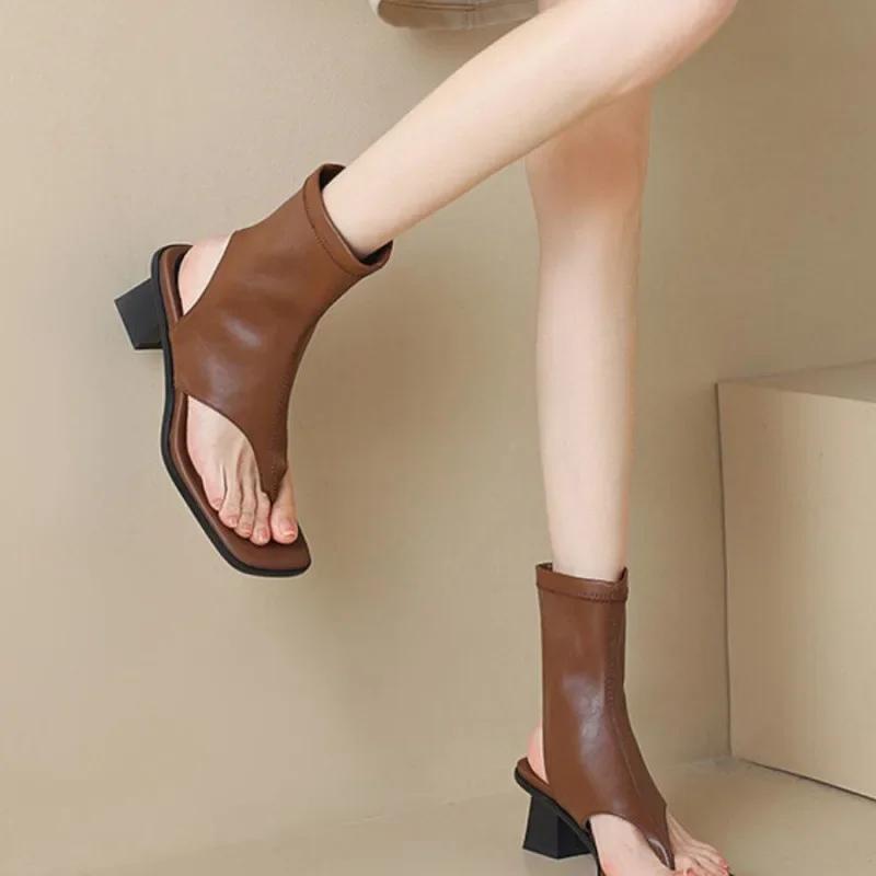 Fashion French Style Soft Leather Roman Sandals Women's Summer New Thick Heel Short Bootie Beach Shoes Rubber Sole Simple Design