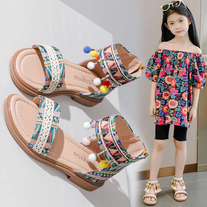 Girls Sandals 2025 New Summer Korean Version of Soft-soled Princess Shoes Ethnic Style Older Children Children Roman Shoes