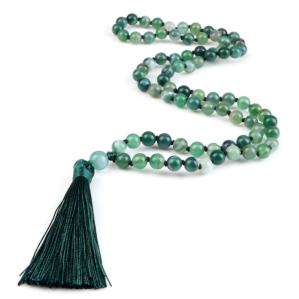 European 8mm Stone Bead Tassel Necklace and Multi-Strand Buddhist Bead Bracelet
