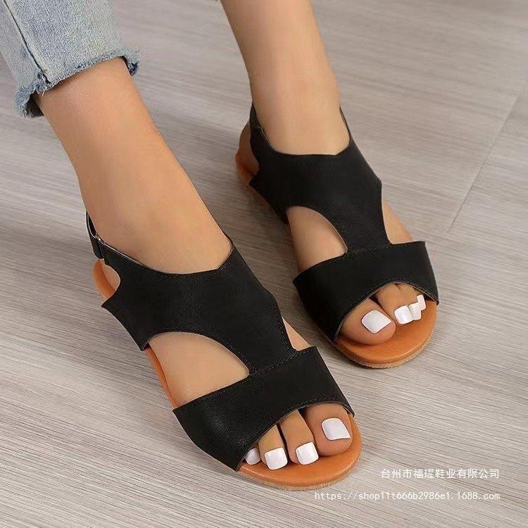 One-word Buckle Sandals Women's 2025 Spring New Large Size 43 Sandals Flat Round Head Beach Women's Sandals
