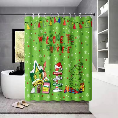 1pc Green Cartoon Christmas Tree Print Waterproof Shower Privacy Partition Curtain with 12 Hooks Multiple Sizes Machine Washable