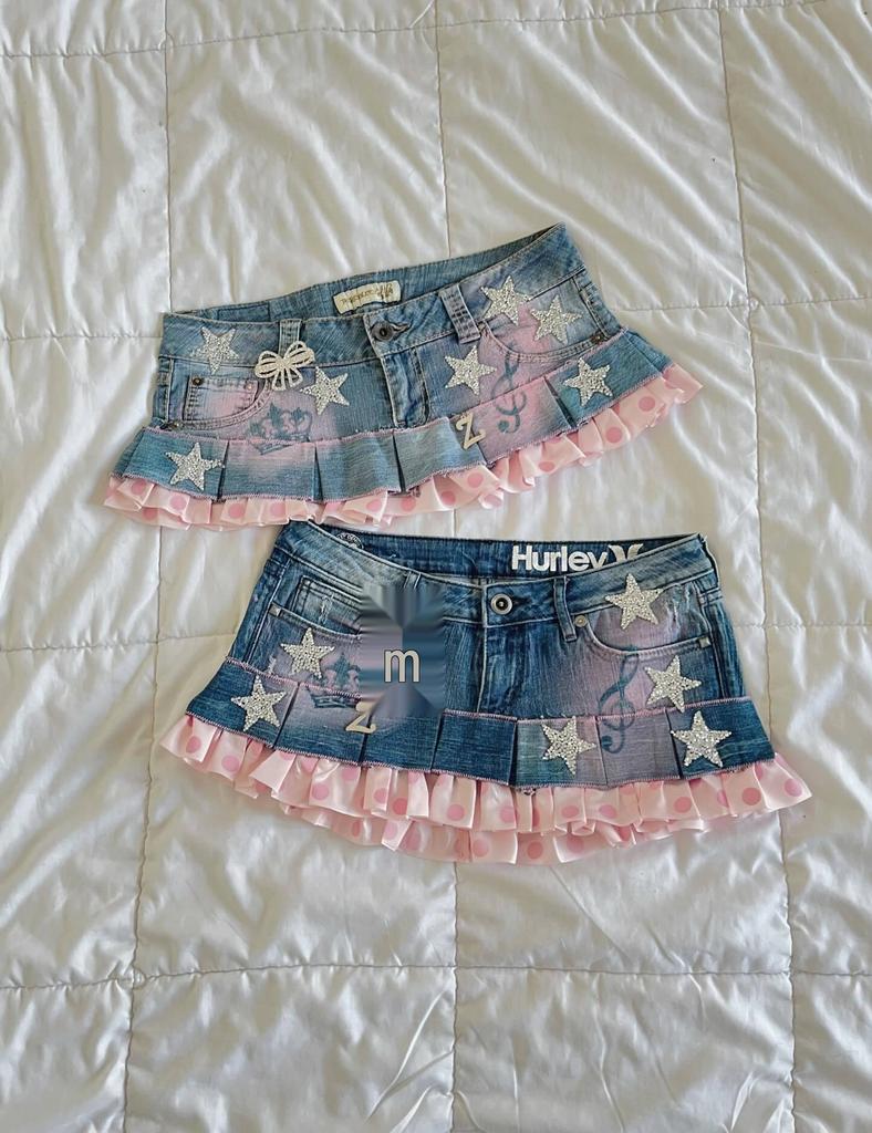 2026 Punk Streetwear Star Print Denim Collage Skirt