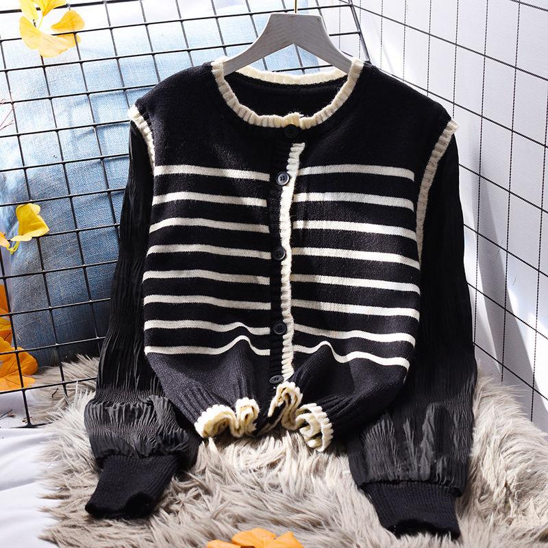Stripe Short Sweater Coat Women Loose Outwear Cardigan Spring Korean Version Fake Two Piece Splice Knitted Cardigan Sweater