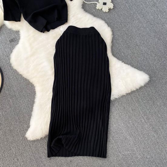 Women's Summer Skirt Set Short Sleeve Crew Neck Crop Top And High Waist Maxi Skirt Set Knitted Two Piece Outfit
