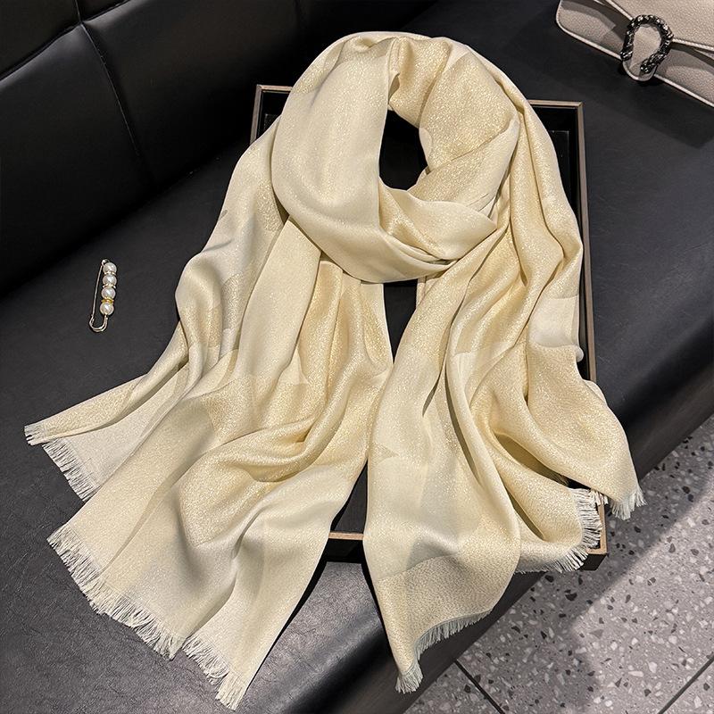 Scarf for Women New Style Elegant and Versatile Printed Long Scarf  Imitation Silk Scarf  Double-sided Gold Wire Sunscreen Shawl