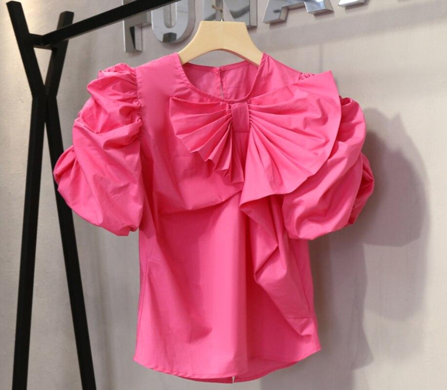 

Лето 2022, корейский стиль, шикарный стильный тонкий топ, однотонная блузка, женская повседневная рубашка с короткими пышными рукавами, винтажная сорочка с воланами и бантом One Size розы красного