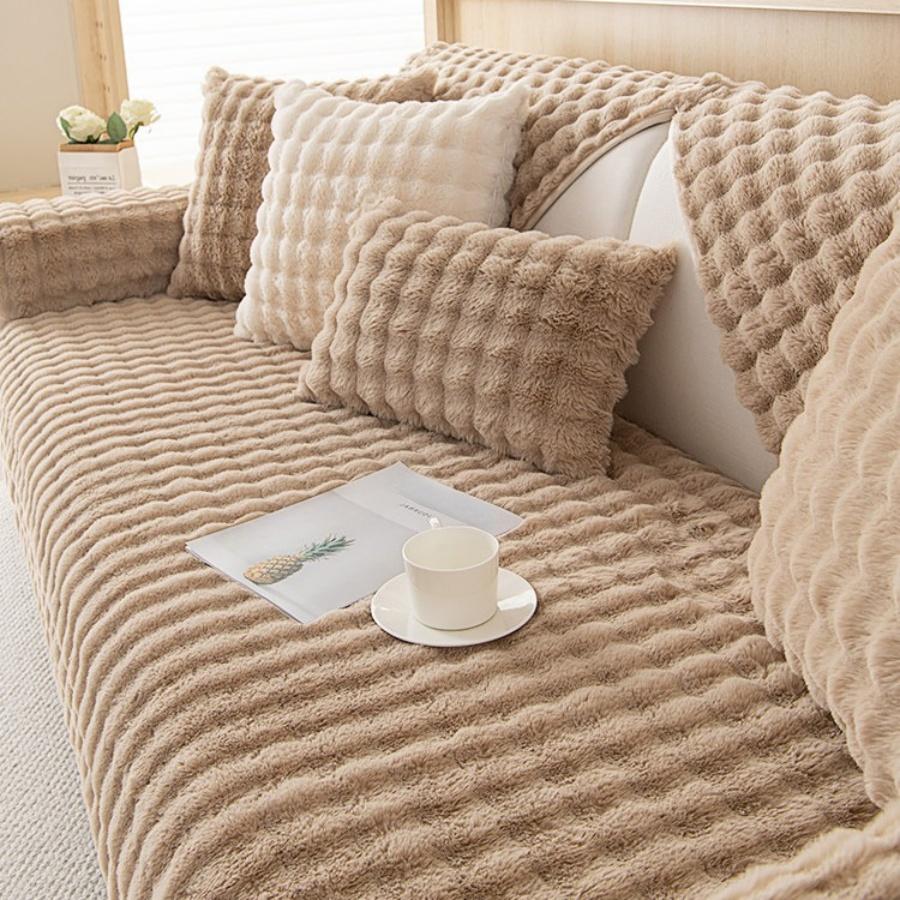 Thicken Plush Stripe Immitation Rabbit Fur Non-Slip Sofa Cover, For Winter Living Room Couch Seat Decor Slipcover Sofa Towel