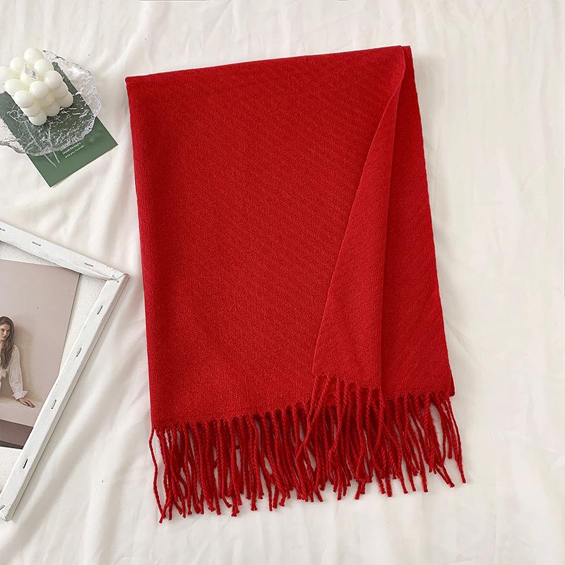 New Autumn and Winter Wool Scarf for Women Versatile Solid Color Scarf  Thickened Warm Shawl  Simple Tassel Red Scarf