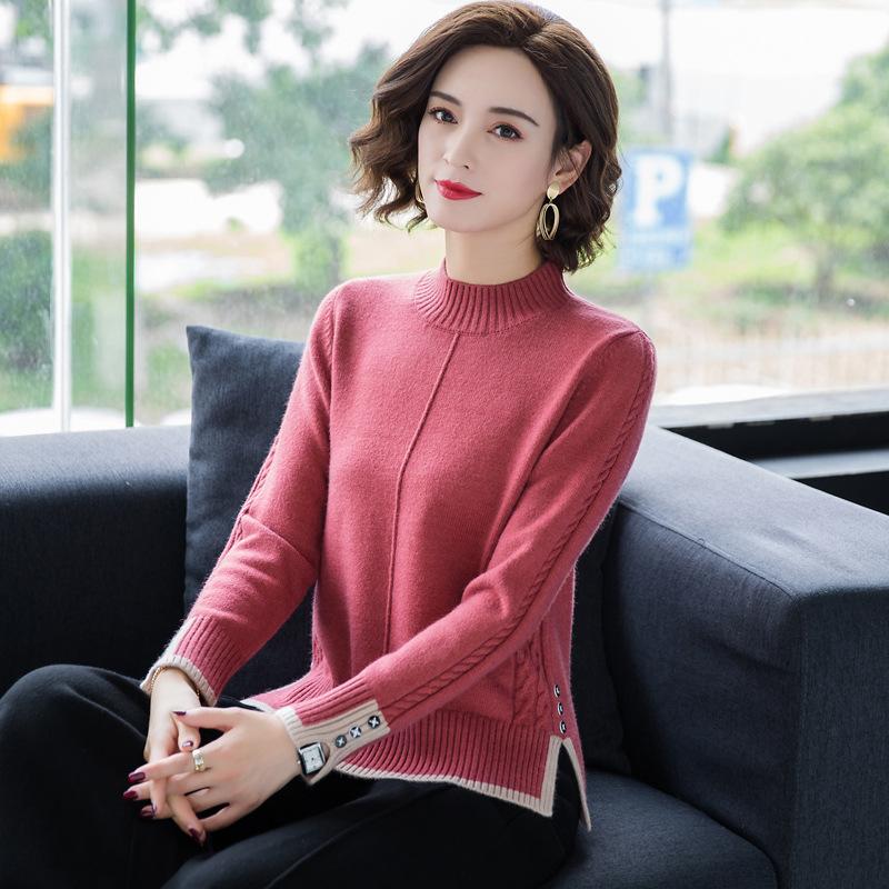 Half High Neck Sweater Split Hem Design Women's Knitted Pullover Casual Solid Color Sweater Harajuku Commuting Autumn and Winter