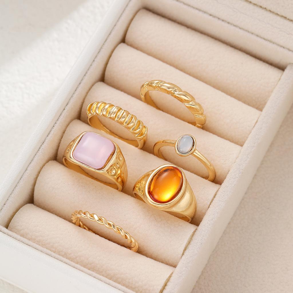 6pcs Vintage Minimalist Moonstone Rings Set For Women Fashion Gold Color Personalized Design Ring Party Daily Wear Jewelry Gifts