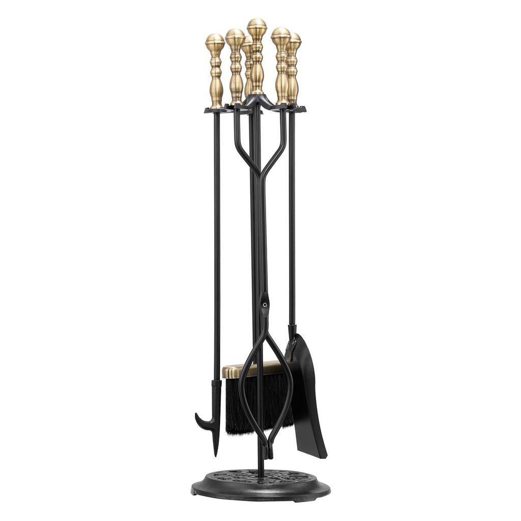 Fireplace Tool Set, 5 PCS Fire Tool Set and Holder with Five-Prong Stand, Tongs, Ash Shovel, Brush, Fire Place Poker, Wrought Iron Fireplace