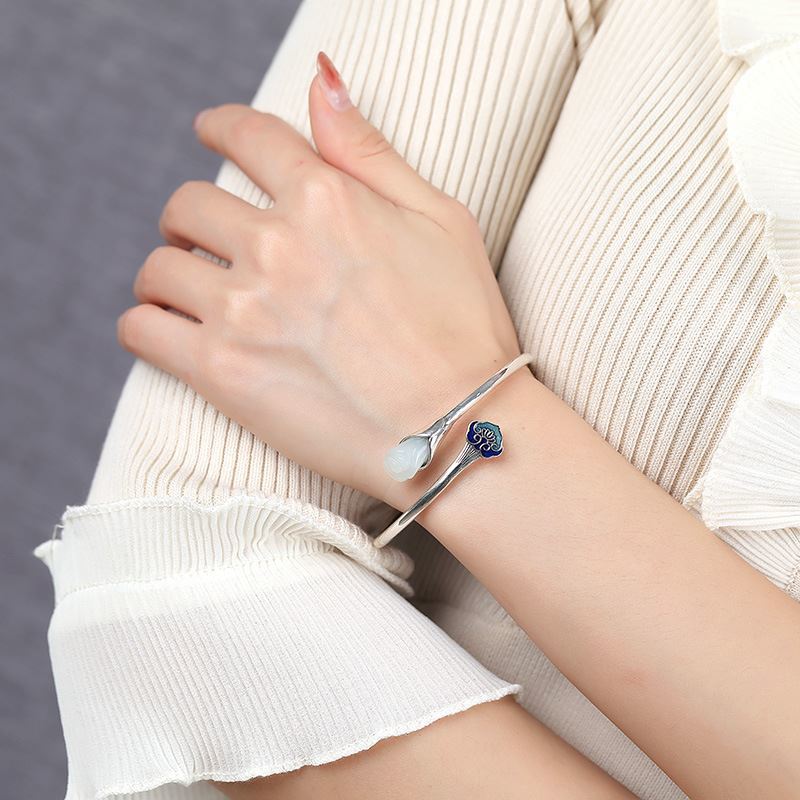 Original Retro Cloisonne Ruyi Auspicious Magnolia Temperament Female Burning Blue Enamel Bracelet Plated with 925 Silver Bracelet