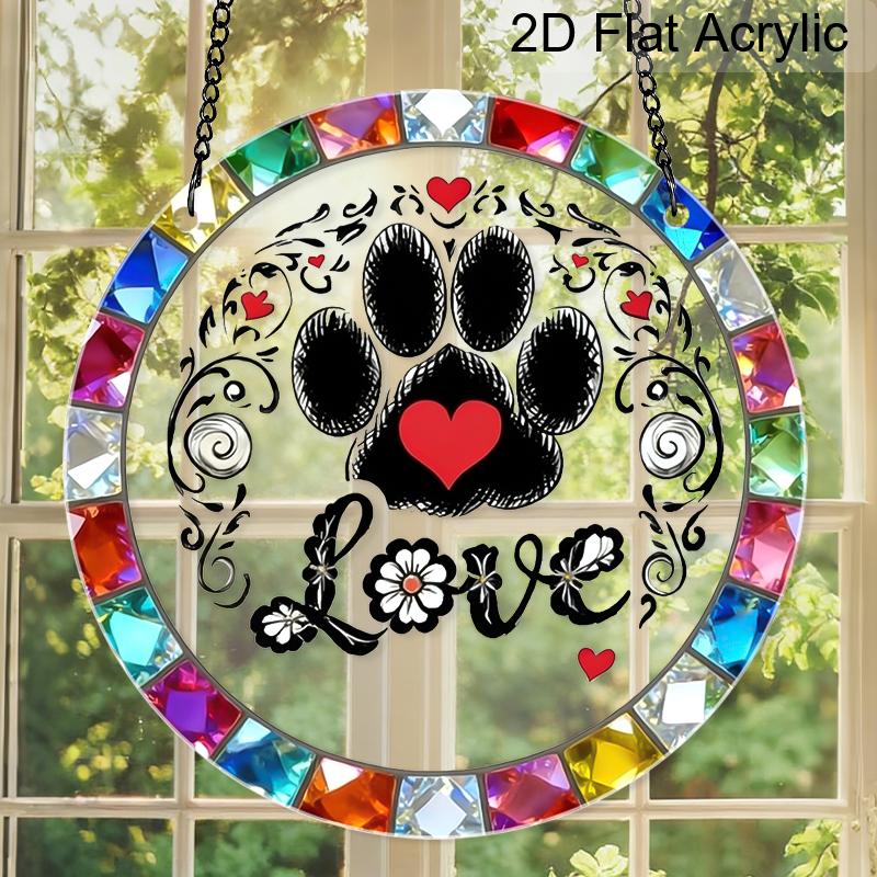 2D Flat Acrylic Paw Print Suncatcher, 7.87/11.81in Colorful Love Pet Window Hanging, Stained Style Decor, Pet Lover Gift