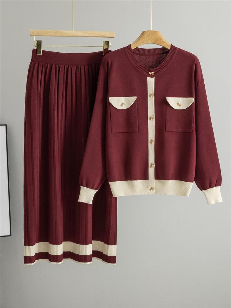 2026 Spring Women's Pleated Skirt & Round Neck Cardigan Set