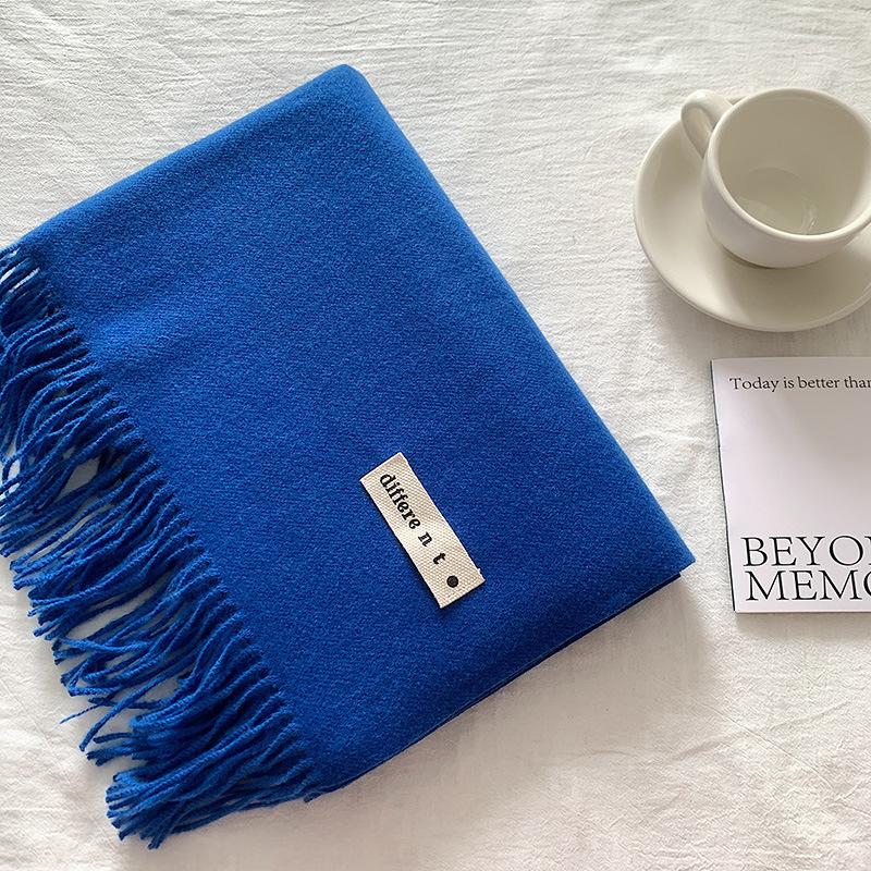 Flowing Fringe, Color-blocked, Simple Design, Faux Cashmere-like Scarf, Winter-thick, Cape-style, Student-friendly, Solid Color.