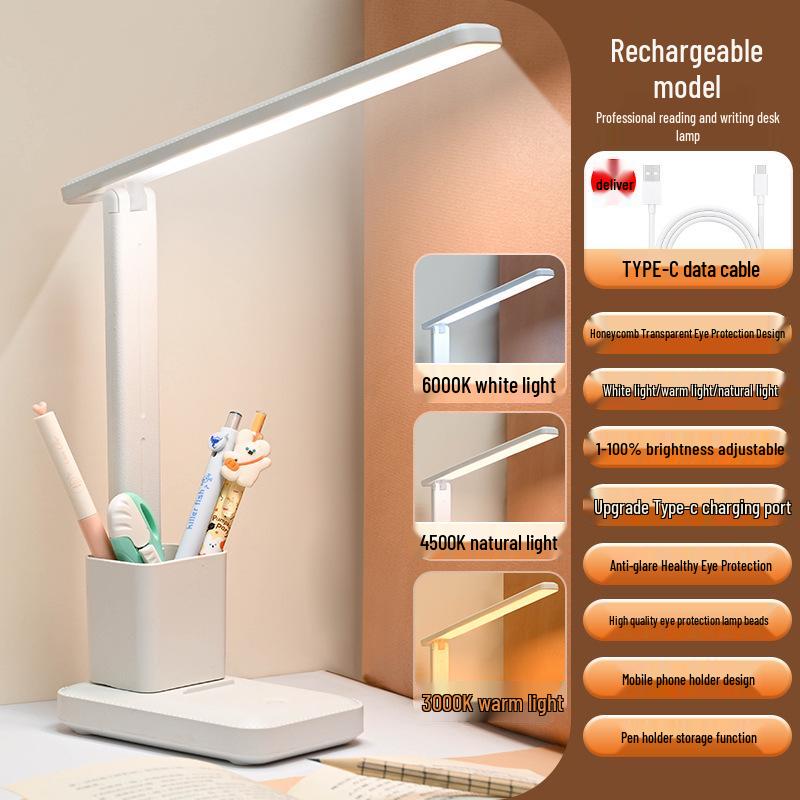 Rechargeable LED Student Desk Lamp with Pen Holder - Eye Protection, Dual-Use (Plug-In & Rechargeable)
