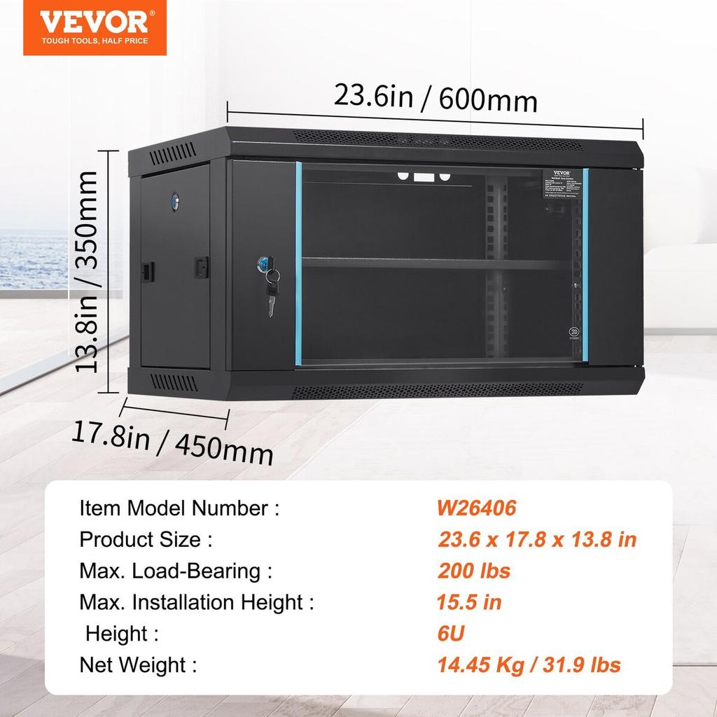 6U Wall Mount Network Server Cabinet, 15.5'' Deep, Server Rack Cabinet Enclosure, 200 lbs Max. Ground-mounted Load Capacity, with Locking Glass Door