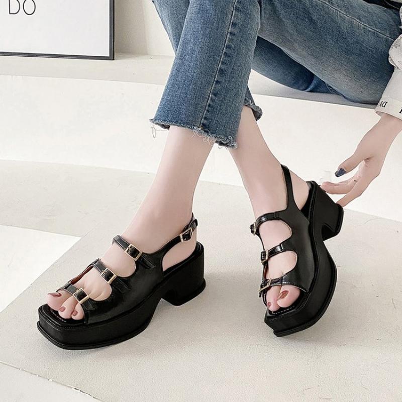 2024 Spring New Thick Sole Thick Heel Open Toe Roman Casual Sandals with Buckle Square Head Fashion Comfortable Women's Shoes