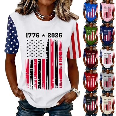 Kurzarm Rundhals T-Shirt mit Used Flaggenprint 1776 2026 Grafik Top für Damen Normale Passform Weiches Material