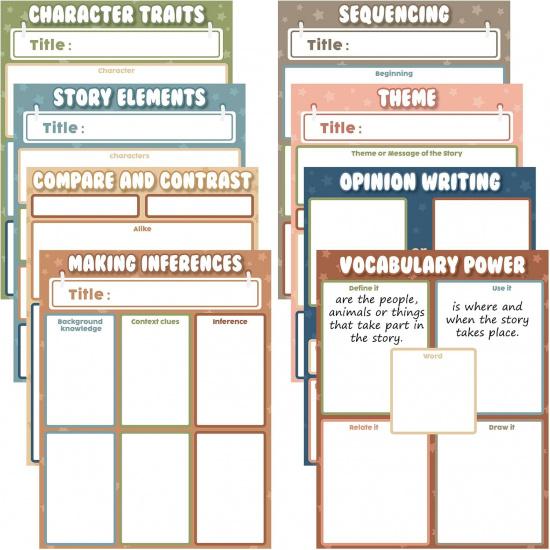 Qyeahkj 8 Pcs Versatile Literature Teaching Chart Bright Colors Reble Teaching Paper for Classroom Whiteboard ELA Anchor Chart for Preschool Middle