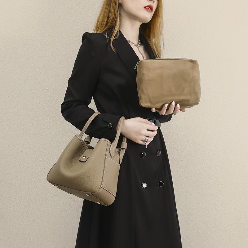 Genuine Leather Women's Soft Bucket Bag - Unique Style & Solid Color Handbag