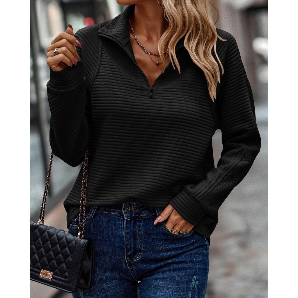 Dames sweatshirt met opstaande kraag, halve rits, lange mouwen, losse pasvorm, casual, ribgebreide pullover
