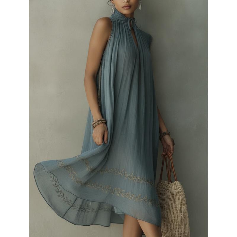 2026 Iceberg Law Lace Lace Up Holiday Wind Sleeveless Elegant Temperament Dress Women S павлин голубой